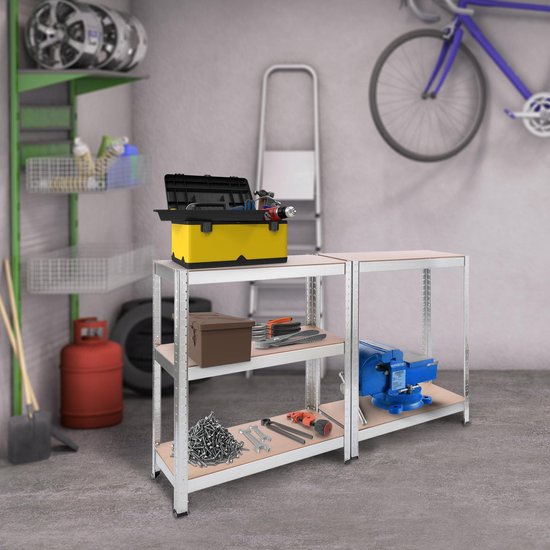 Twee AREBOS stellingkasten in een garage, één met een werkbankopstelling met gereedschap.