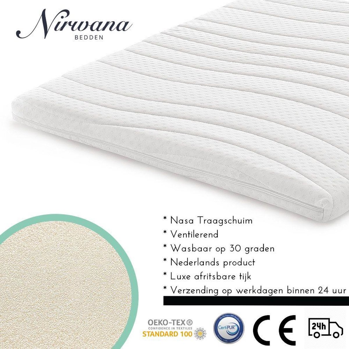 Nirwana Bedden Topper - NASA Traagschuim - Topdekmatras - Ergonomisch - 180x200cm ca 8cm dik matras