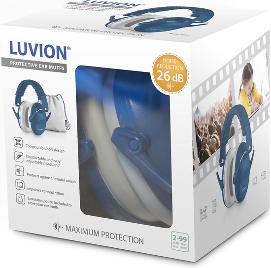 Verpakking van Luvion gehoorbeschermers in petrol blauw met informatie over ruisonderdrukking en een afbeelding van een kind dat ze draagt.