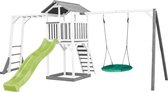 AXI Beach Tower Speeltoestel in Grijs/Wit - Speeltoren met Klimrek, Summer Nestschommel, Limoen Groene Glijbaan en Zandbak - FSC hout - Speelhuis op palen voor de tuin