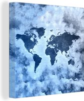 Canvas Wereldkaart - 20x20 - Wanddecoratie Wereldkaart - Blauw - Verf