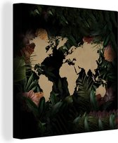 Canvas Wereldkaart - 20x20 - Wanddecoratie Wereldkaart - Bloemen - Beige