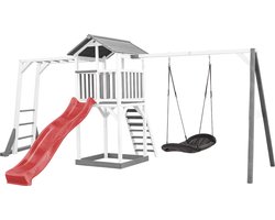 AXI Beach Tower Speeltoestel in Grijs/Wit - Speeltoren met Klimrek, Enkele Schommel, Rode Glijbaan en Zandbak - FSC hout - Speelhuis op palen voor de tuin