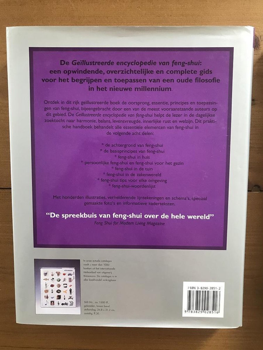 De achterkant van een boek, getiteld 'De Geïllustreerde encyclopedie van feng-shui'.