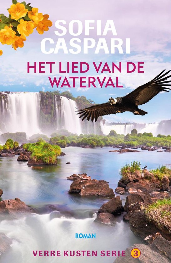 Boekomslag: Iguazúwatervallen met een Andescondor in de lucht. Twee kleine vogels op stenen in het water.