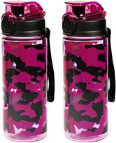 2x Sport Bidon drinkfles/waterfles camouflage print roze 600 Ml