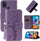 Voor Samsung Galaxy A21s Reliëf Lucky Tree Horizontale Flip Lederen Case met Houder & Kaartsleuf & Portemonnee & Lanyard (Paars)