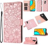 Voor Xiaomi Redmi 9 Skin Feel Reliëf Zonnebloem Horizontale Flip Leather Case met Houder & Kaartsleuven & Portemonnee & Lanyard (Rose Gold)