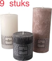 Rustieke kaarsen Candra Collectie Set 9 stuks (3 kleuren in 3 maten)