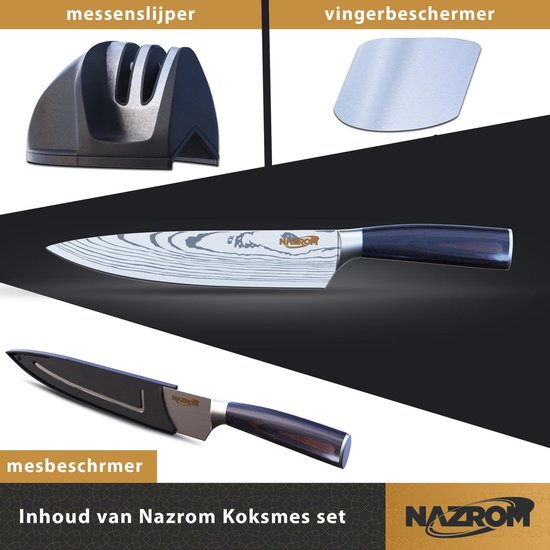 Nazrom koksmes met damastpatroon, messenslijper en mesbeschermer.