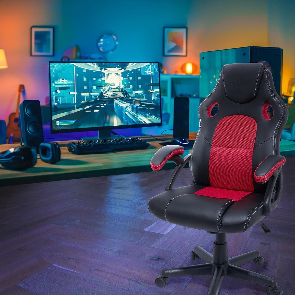 LifeGoods Gaming Stoel Verstelbaar Kunstleer Rood/Zwart - afbeelding 3