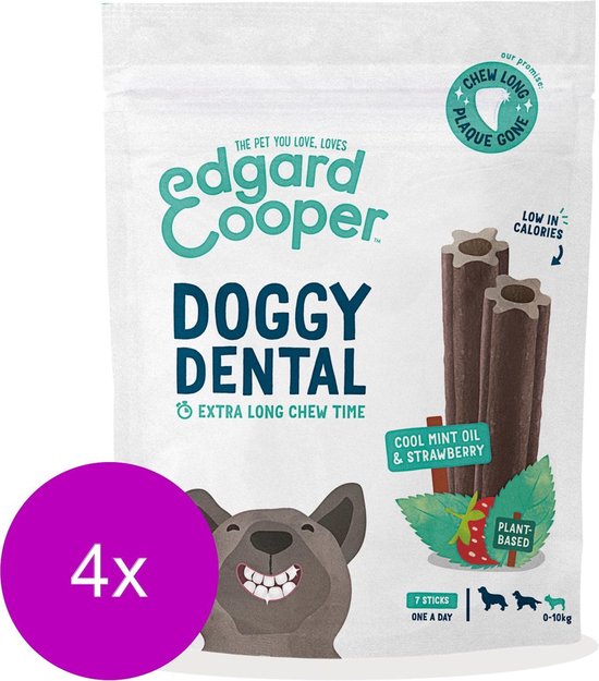 Edgard & Cooper Doggy Dental, 1 zak met hondensnacks smaak aardbei & munt, met afbeelding van een blije hond.