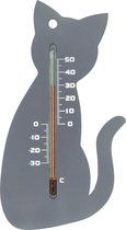 Binnen/buiten thermometer grijze kat/poes 15 cm - Tuindecoratie dieren - Buitenthemometers / raamthermometer / kozijnthermometer