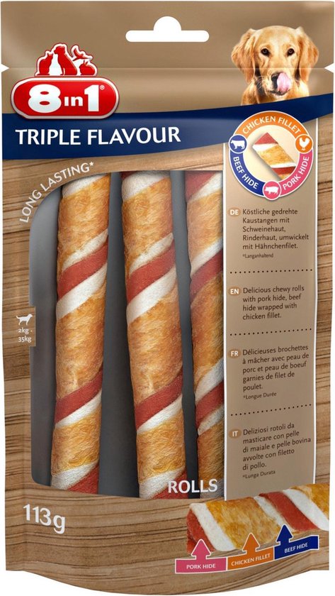 8in1 Triple Flavour Rolls Varken&Kip&Rund - Hondensnacks - 113 g