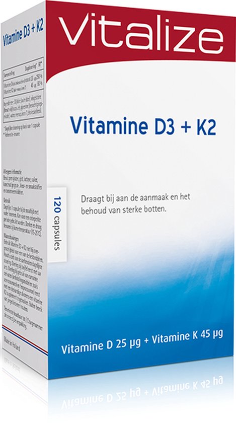 Vitamine D3 + K2 120 capsules - Best opneembare vorm van vitamine D en K - Voor het behoud van sterke botten - Vitalize