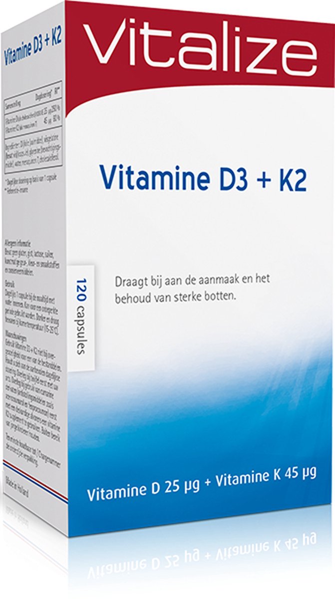 Goedkoopste Vitalize Vitamine D3 K2 120 capsules | Best opneembare vorm van vitamine D en K - Voor het behoud van sterke botten