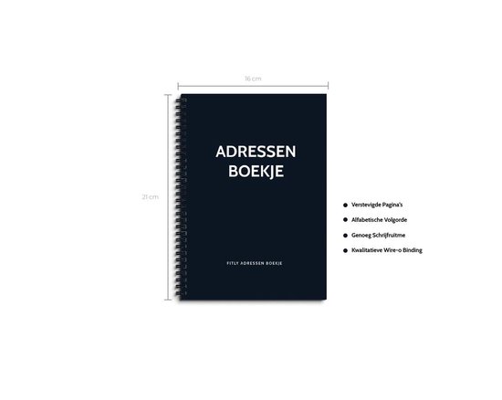Petit carnet d'adresses bleu foncé de 21x16 cm, avec des caractéristiques telles que 'Pages renforcées'.