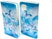 Samsung Galaxy A42 Blauw Bloem Print Hoesje Book Case Hoes Cover Portemonnee - Samsung A42 Hoes Wallet Case Hoesje
