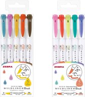 Zebra Mildliner - Brush pennen - Dubbelzijdig - Warme en bright kleuren - 2 sets van 5