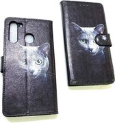 Samsung Galaxy S21 / S30 Zwart kat Print Hoesje Book Case Hoes Cover Portemonnee - Samsung S21 / S30 Hoes Wallet Case Hoesje