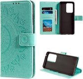 Voor Samsung Galaxy Note20 Ultra Totem Bloem Reliëf Horizontale Flip TPU + PU lederen tas met houder & kaartsleuven & portemonnee (groen)