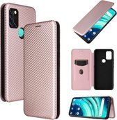 Voor UMIDIGI A9 koolstofvezel textuur magnetische horizontale flip TPU + pc + PU lederen tas met kaartsleuf (roze)