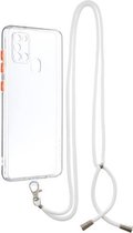 Voor Samsung Galaxy A21s Transparante pc + TPU-telefoonhoes met knop in contrastkleur en nekkoord (transparant)