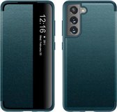 Voor Samsung Galaxy S21 FE magnetisch zijvensterweergave schokbestendig horizontaal flip lederen hoesje (groen)