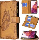 Voor Samsung Galaxy S20 FE Flying Butterfly Embossing Pattern Rits Horizontale Flip Leather Case met houder & kaartsleuven & portemonnee (bruin)