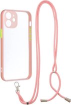 Transparante pc + TPU-telefoonhoes met knop in contrasterende kleur en nekkoord voor iPhone 12 mini (roze)