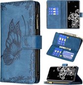 Voor Samsung Galaxy S20 Ultra Flying Butterfly Embossing Pattern Rits Horizontale Flip Leather Case met houder & kaartsleuven & portemonnee (blauw)