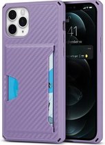 Koolstofvezelpantser Schokbestendig TPU + pc-hardcase met kaartsleufhouder Funtion voor iPhone 11 Pro (paars)