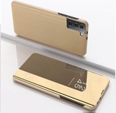 Voor Samsung Galaxy S21 FE vergulde spiegel horizontale flip lederen tas met houder (goud)