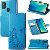 Voor ZTE A7S 2020 vierbladige sluiting reliëf gesp mobiele telefoon bescherming lederen tas met lanyard & kaartsleuf & portemonnee & beugel functie (blauw)