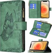 Voor iPhone 12 mini Flying Butterfly Embossing Pattern Rits Horizontale Flip Leather Case met houder & kaartsleuven & portemonnee (groen)