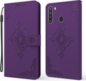 Voor Samsung Galaxy A21 EU-versie reliëf fortuin bloemenpatroon horizontale flip lederen tas met houder & kaartsleuf & portemonnee & lanyard (paars)