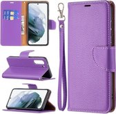 Voor Samsung Galaxy S21 FE / S21 Lite Litchi Textuur Pure Kleur Horizontale Flip Leren Case met Houder & Kaartsleuven & Portemonnee & Lanyard (Paars)