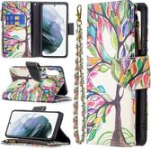 Voor Samsung Galaxy S21 FE Gekleurde Tekening Patroon Rits Horizontale Flip Leren Case met Houder & Kaartsleuven & Portemonnee (Boom)