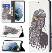 Voor Samsung Galaxy S21 FE Gekleurde Tekening Patroon Onzichtbare Magnetische Horizontale Flip PU Lederen Case met Houder & Kaartsleuven & Portemonnee (Meisje)