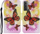 Voor Samsung Galaxy S21 FE Gekleurde tekening patroon Horizontale Flip PU lederen tas met houder & kaartsleuven & portemonnee & lanyard (Chrysanthemum Butterfly)