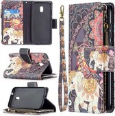 Voor Nokia C1 Plus Gekleurde Tekening Patroon Rits Horizontale Flip Lederen Case met Houder & Kaartsleuven & Portemonnee (Bloem Olifanten)