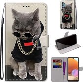 Voor Samsung Galaxy A32 4G / A32 Lite Gekleurde tekening Cross Texture Horizontale Flip PU lederen tas met houder & kaartsleuven & portemonnee & lanyard (Golden Chain Grey Cat)