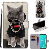 Voor OPPO A9 (2020) / A5 (2020) / A11X / A11 Gekleurde tekening Cross Texture Horizontale flip PU lederen tas met houder & kaartsleuven & portemonnee & lanyard (Golden Chain Grey Cat)