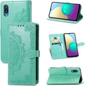 Voor Samsung Galaxy A02 Mandala bloem reliëf horizontale flip lederen tas met beugel / kaartsleuf / portemonnee / lanyard (groen)