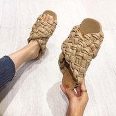 Dames zomersandalen met open teen, geweven platte slippers, maat: 42 (kaki)