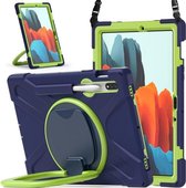 Voor Samsung Galaxy Tab S7 T870 / T875 siliconen + pc beschermhoes met houder en schouderband (marineblauw + geelgroen)