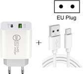 20 W PD Type-C + QC 3.0 USB-interface Snel opladen Reisoplader met USB naar Type-C Snellaaddatakabel EU-stekker