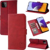 Voor Samsung Galaxy A22 5G EU Versie Reliëf Gelukkig Kat Patroon Horizontale Flip Lederen Case met Houder & Kaartsleuven & Portemonnee (Rood)