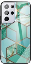 Voor Samsung Galaxy S21 Ultra 5G Abstract Marble Pattern Glass beschermhoes (Rhombus Green)