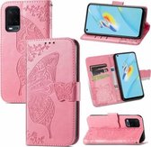 Voor OPPO A54 4G Vlinder Liefde Bloemen Reliëf Horizontale Flip Lederen Case met Houder & Kaartsleuven & Portemonnee & Lanyard (Roze)